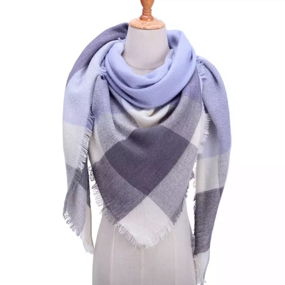 Lex T’s Closet Accessories - Soft Triangular Scarf Gray Pale Blue PlaidBlanket